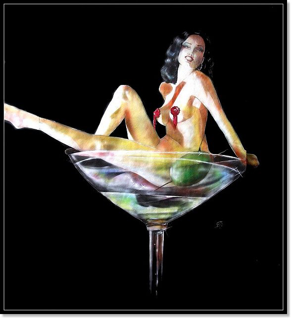 fallen angel, dita von tese, pinup, pinupgirl, pin up, pinups, erotic art, eroticart painting, gemaelde, gemälde, bühnenbild, buehnenbild, frauenbild, frau in glas, frau sitzt in glas, olive, martini