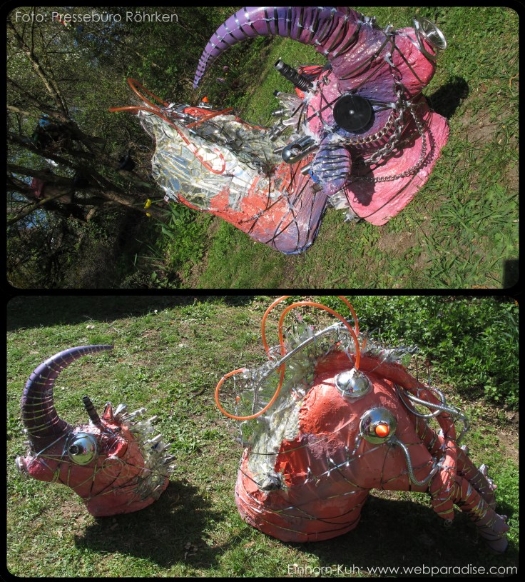 Einhorn, Einhornkuh, Metallkuh, Kuhskulptur, Gartenskulptur, knstlerisch gestaltete Kuh, Kuh fr Outdoor, Kuhfigur,Metamorphose einer Kuh Skulptur, Trash-ART, Trashart, Recyled art, recycled Artwork by christine dumbsky 